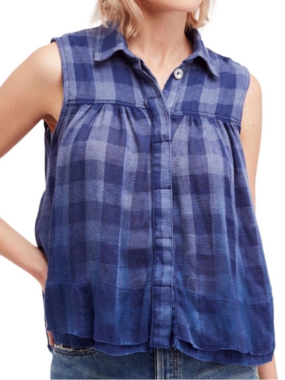 Free People XS Hey There Sunrise Oversized Blue Plaid Sleeveless Button-Down Top